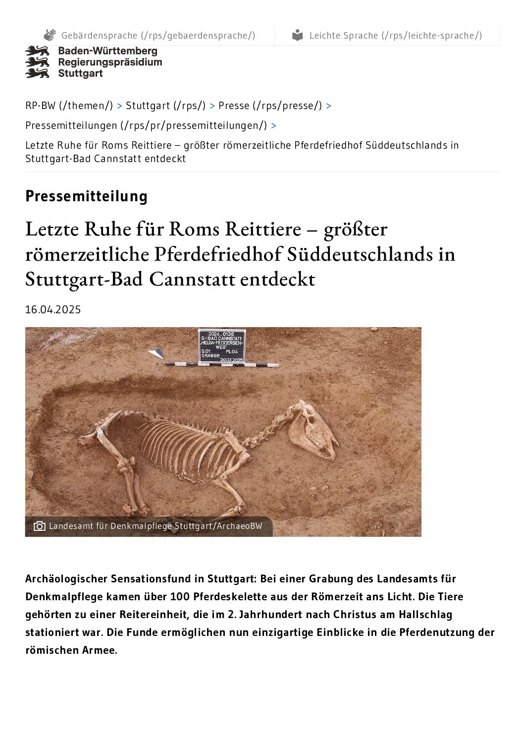 Pferdefriedhof Stuttgart - Archäologen haben Pferdebestattungen aus der Römerzeit gefunden - 17.04.2025 - © Quelle: Landesamt für Denkmalpflege im Regierungspräsidium Stuttgart/ArchaeoBW