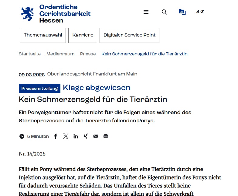 Tierärztin unter Pferd eingeklemmt - Schmerzensgeld nach Euthanasie? Das OLG Frankfurt bearbeitet einen kuriosen Fall nach Einschläfern eines Ponys - Tierarzt bekommt kein Schmerzensgeld nach Unfall beim Einschläfern eines Pferdes