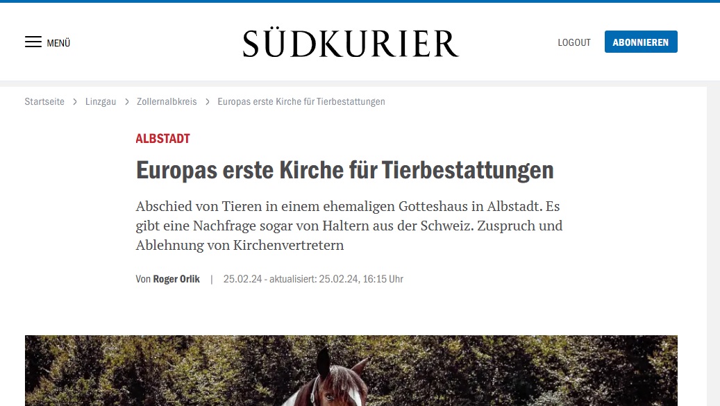 Südkurier: In Pfeffingen bei Albstadt steht sie: Die erste Tierbestattungskirche Europas. Gemeinsam mit seiner Lebensgefährtin Ellen Weinmann gründete er vor knapp vier Jahren das Tierbestattungsinstitut.